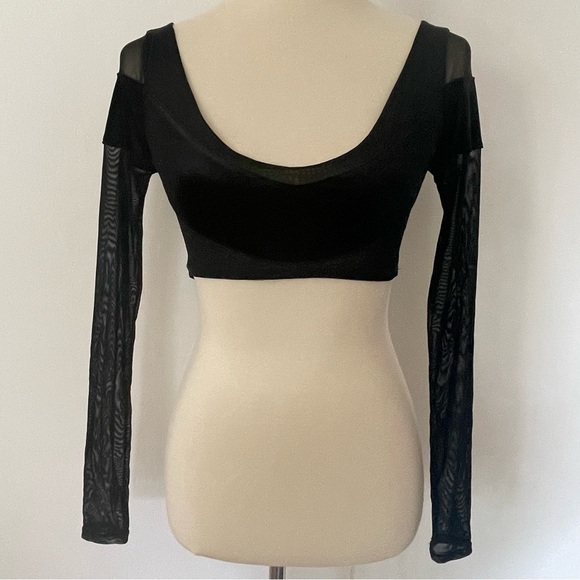 Naked Wardrobe Black Sheer Mesh And Velvet Long Sleeve Crop Top Size Small - Picture 3 of 7